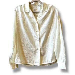 TJ Bentley Vintage Blouse Sz Large Button Up Cream with Geometric Design Vtg